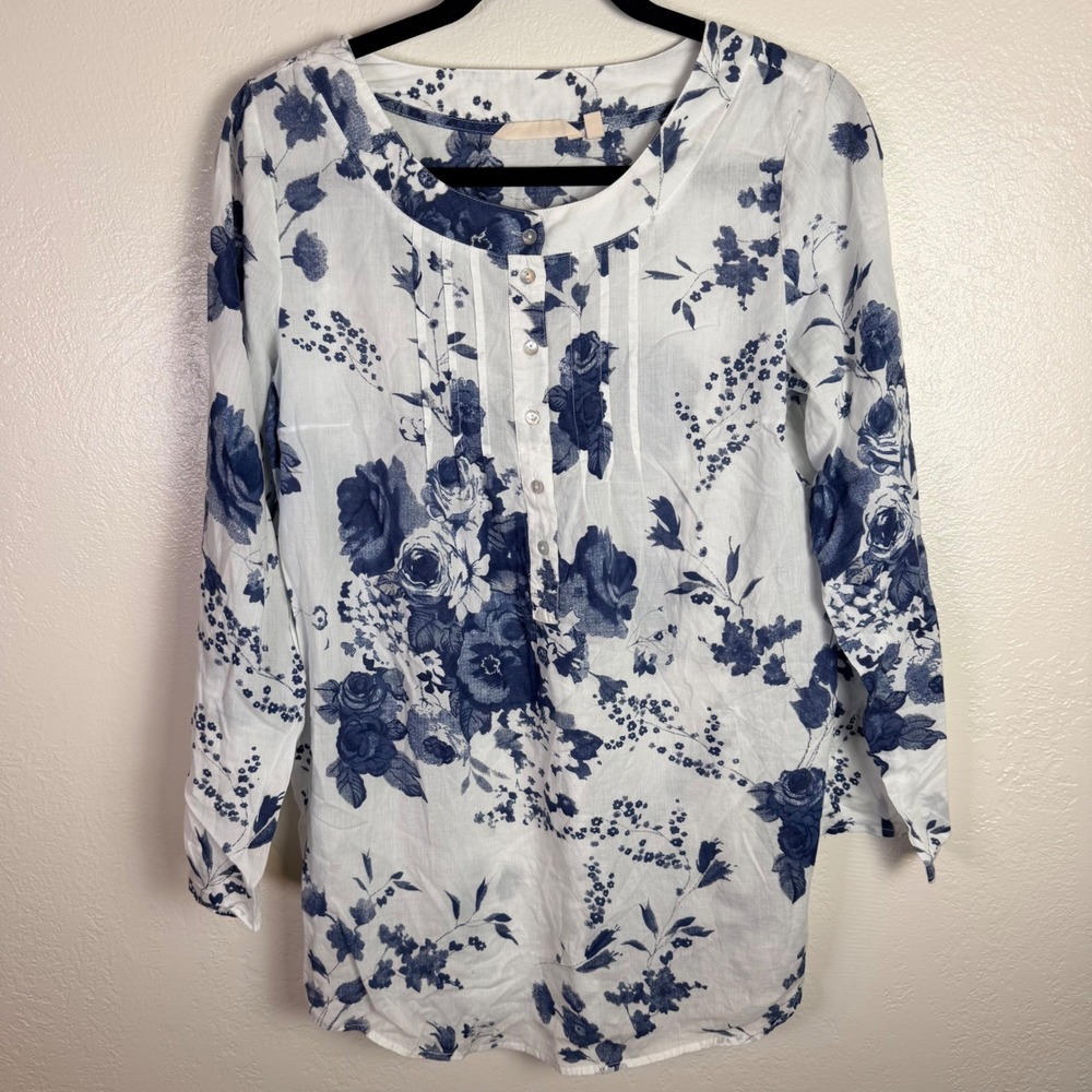 Soft Surroundings Womens S Blue Floral Toile 100% Cotton Cottage Coastal Airy